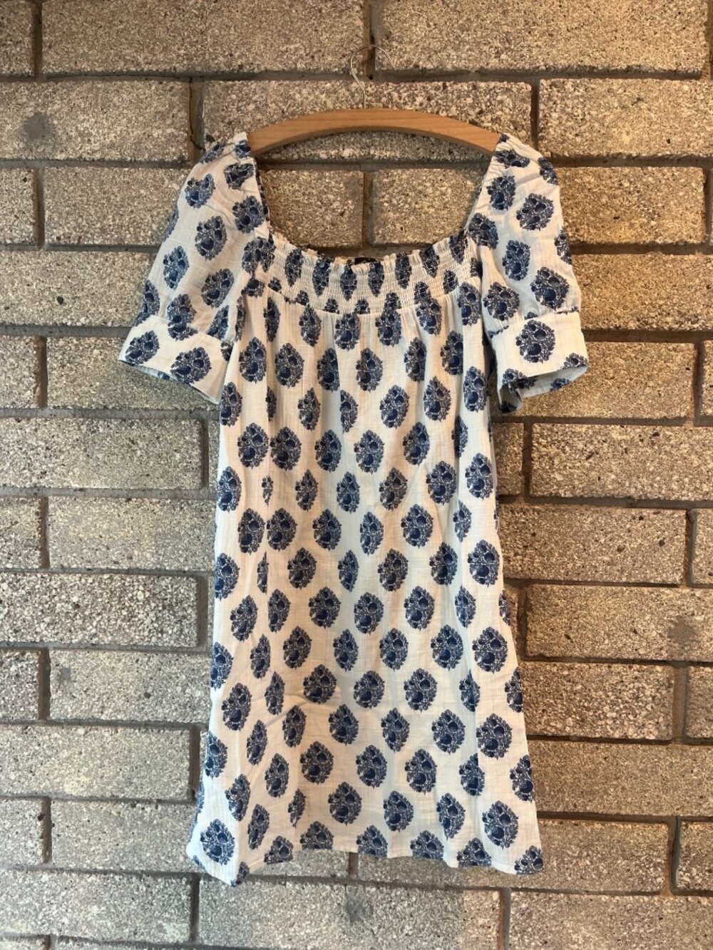 J.Crew Smocked Floral Print Off-Shoulder Dress - White & Navy Blue - Womens Casu
